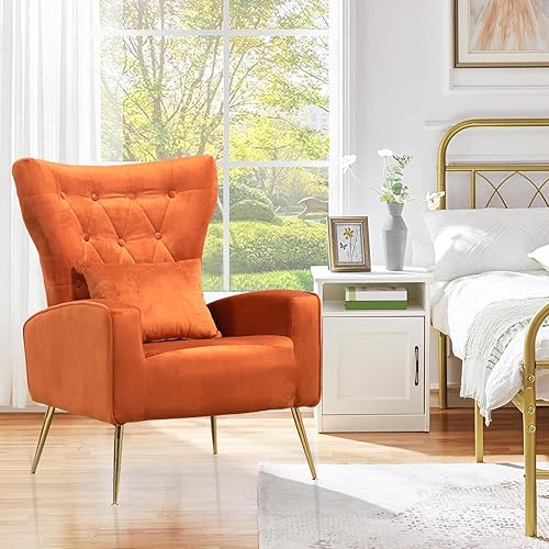 Miniatura 64 de Silla moderna de terciopelo para sala de estar, dormitorio, silla con respaldo alado con brazo y patas doradas, silla auxiliar de recepción de