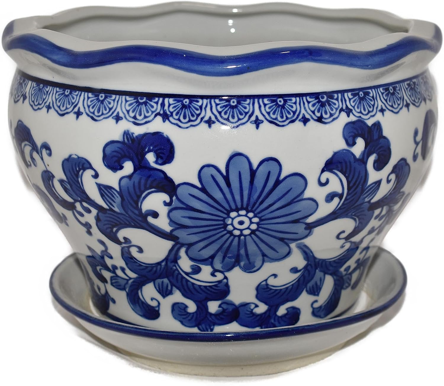 8 Beautiful Ruffel Scalloped Top Oriental Daisy Flowers & Vine Blue & White Ceramic Potbelly Shaped Planter Pot with Saucer