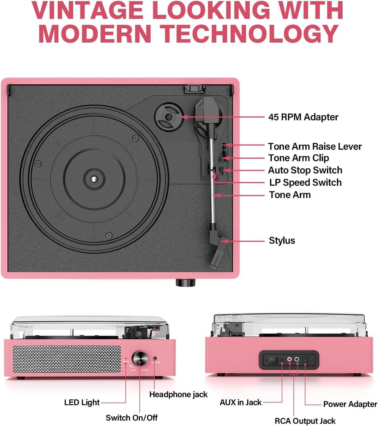 Vinyl Record Player with 2 Stereo Speakers Belt-Driven Vintage Turntables 3 Speed 3 Size Wireless Bluetooth Playback AUX-in RCA Out Headphone LP Vinyl Players Auto Stop Dusty Rose