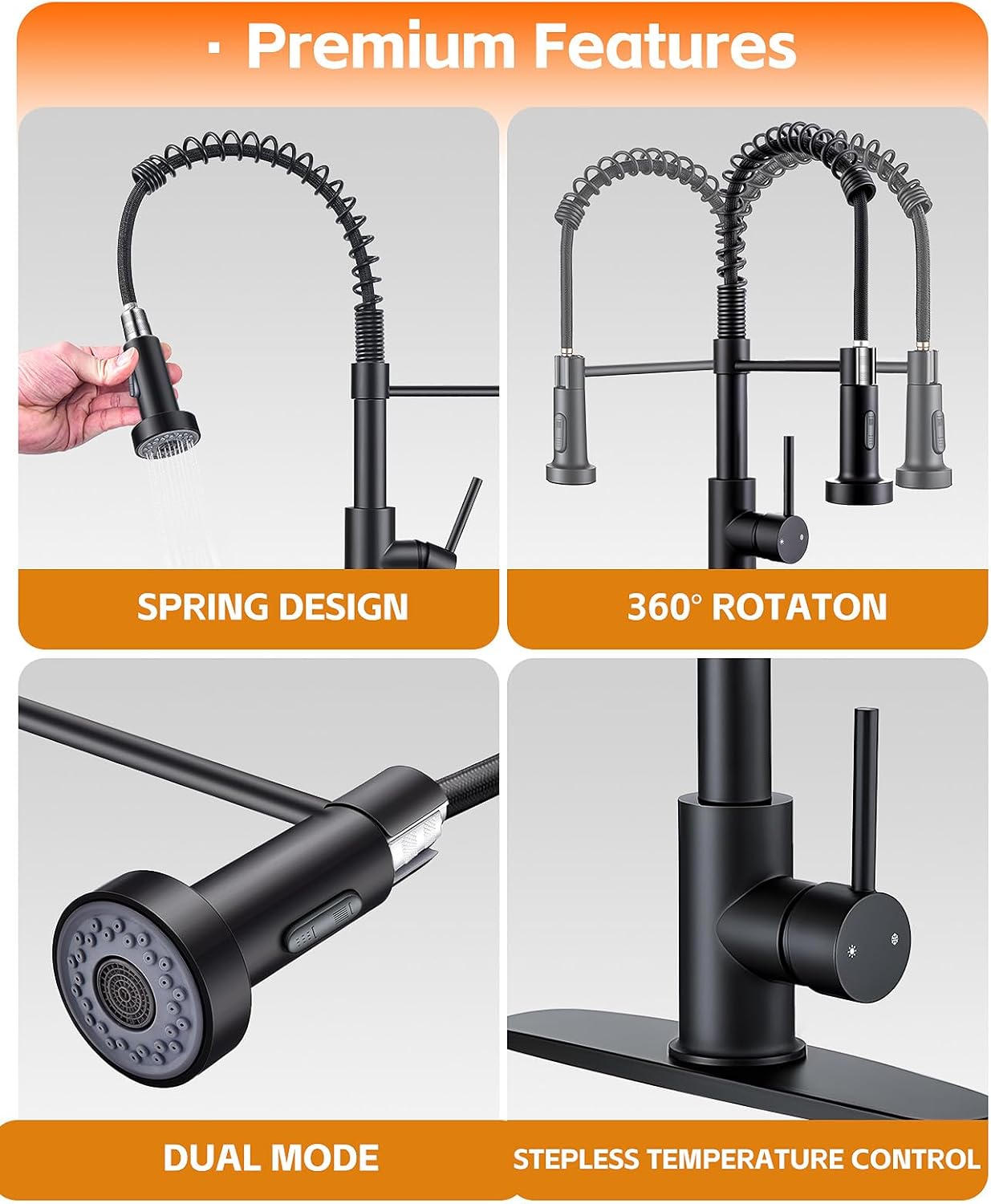 Durable Kitchen Sink Faucet with Sprayer, Compatible with 1 Hole or 3 Hole, 360° Rotatable Pull Out Kitchen Sink Faucets Single Handle Spring Kitchen Faucet Matte Black - Image 3