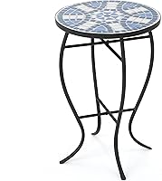 Christopher Knight Home Han Blue & White Ceramic Tile Outdoor Side Table with Iron Frame