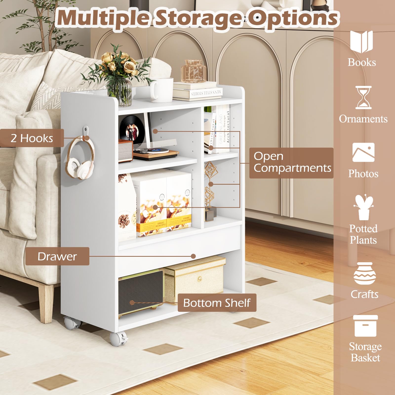 KOMFOTTEU Mobile Porta Stampante con Cassetto, Ganci, Protezione Bordo, Ripiani Regolabili, e Ruote Bloccabili, Schedario da Ufficio in Legno， Mobiletto da Archivio, 63,5 x 30 x 84,5 cm (Bianco)