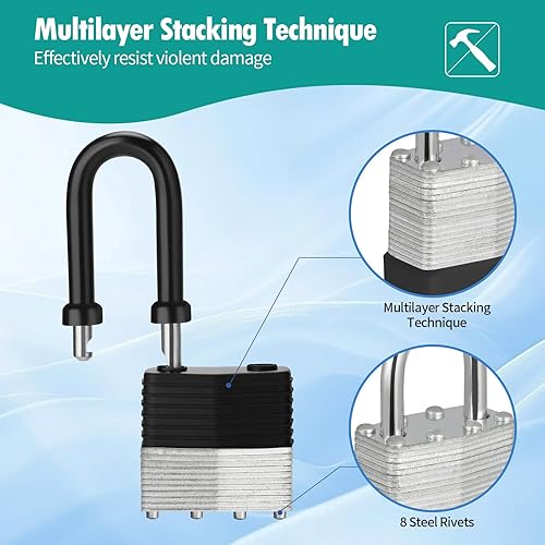 Miniatura 5 de HOX Paquete de 4 candados resistentes a la intemperie, acero laminado de 1.575 pulgadas, cromado con grillete de 2 pulgadas, envuelto en vinilo,