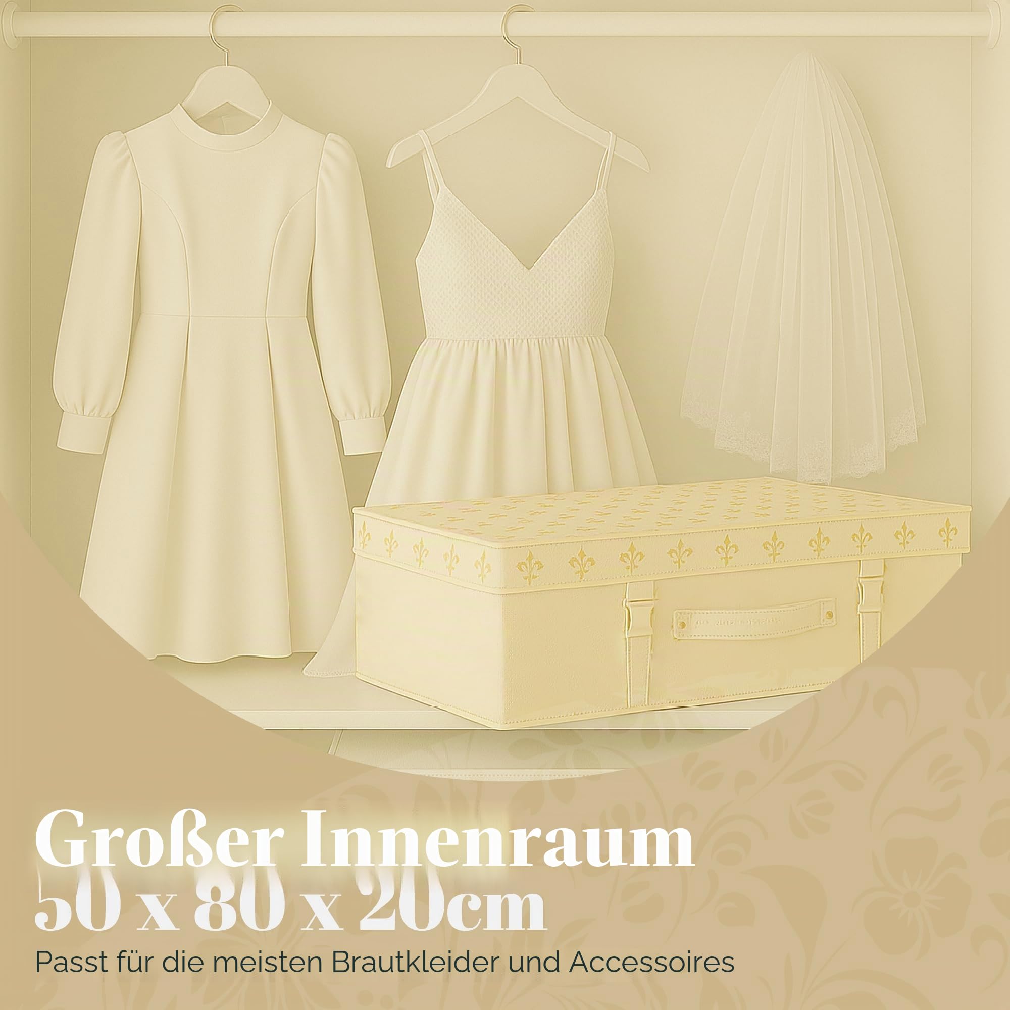HANGERWORLD - Große elfenbeinfarbene Aufbewahrungsbox für Brautkleid mit Deckel, goldfarben, Fleur de Lis