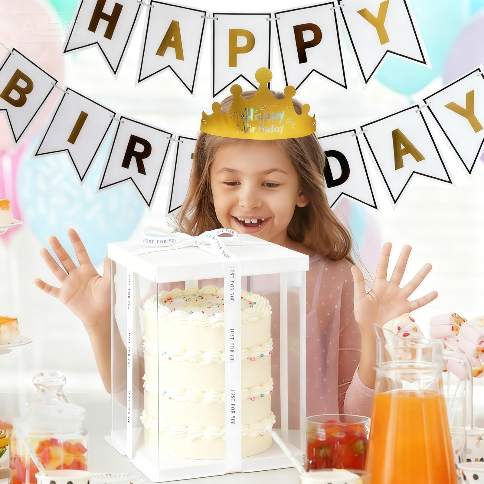 Scatola trasparente per torte da 25,4 cm, 30 x 30 x 40 cm, scatola regalo trasparente per torte con coperchio, bandiera per feste di compleanno, cappello di compleanno, contenitori in plastica per