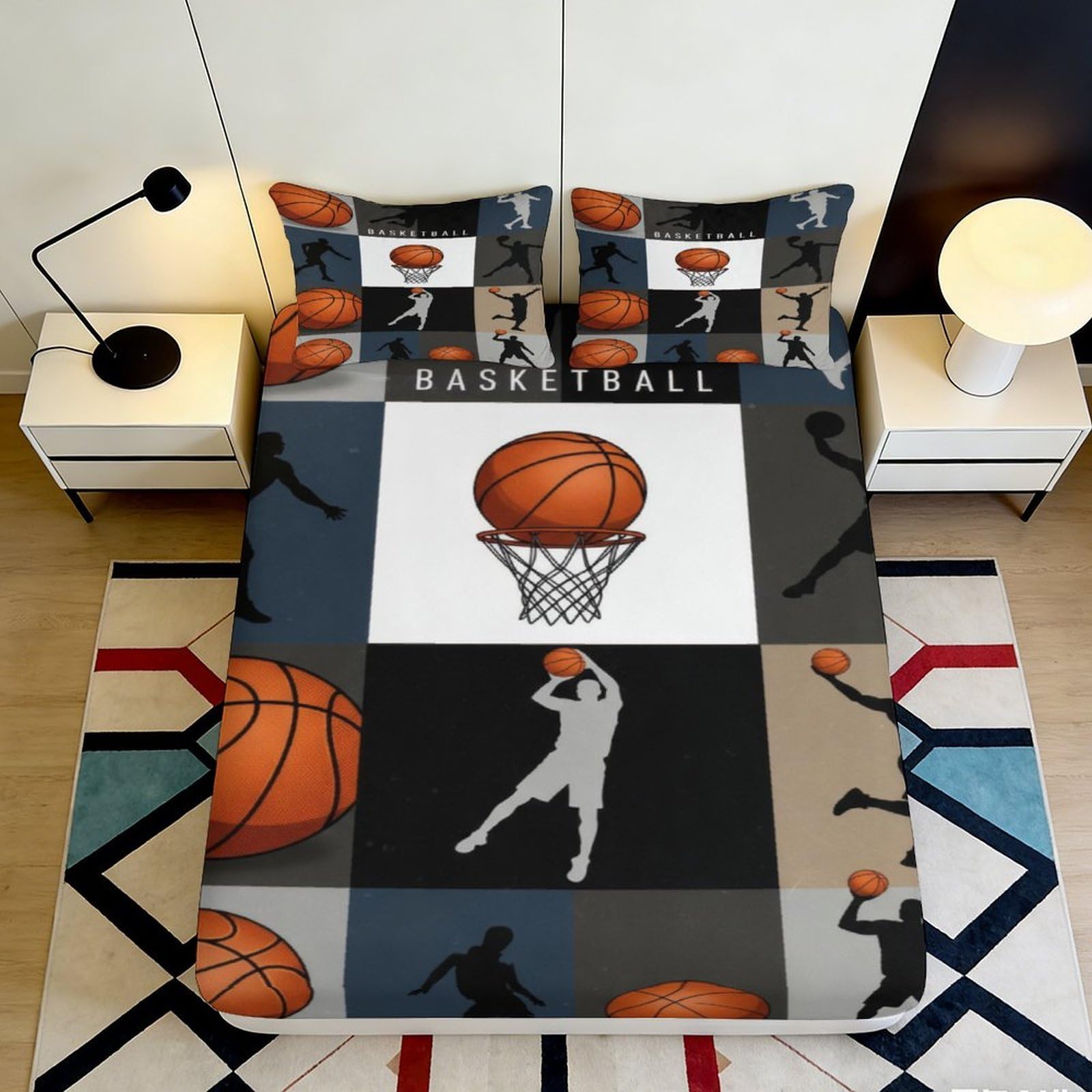 3D Printed Basketball Court Fitted Sheet Microfiber Soft Black Orange Silhouette Bed Cover for Bedroom Dorm Decor 90x200x25cm