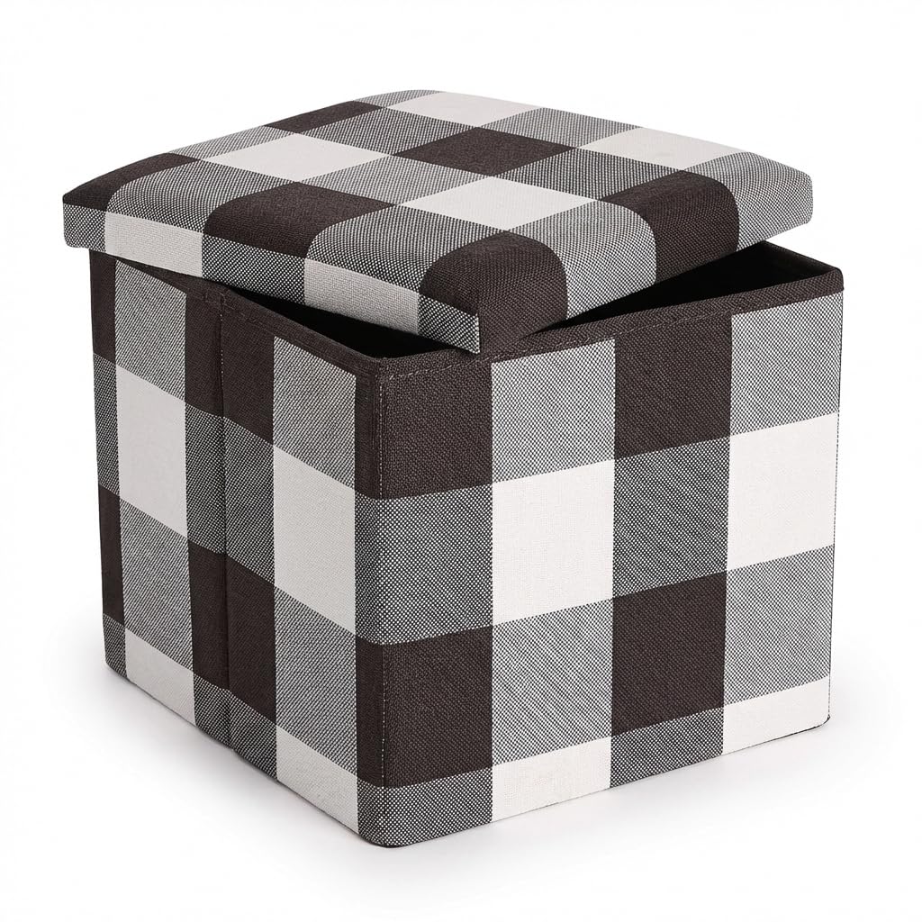 CMY Pouffe Footstool Folding Ottoman Storage Box Faux Leather Foot Rest Stool Toy Chest Shoe Bench Dressing Table Chair with Lids for Living Room (Black Check)