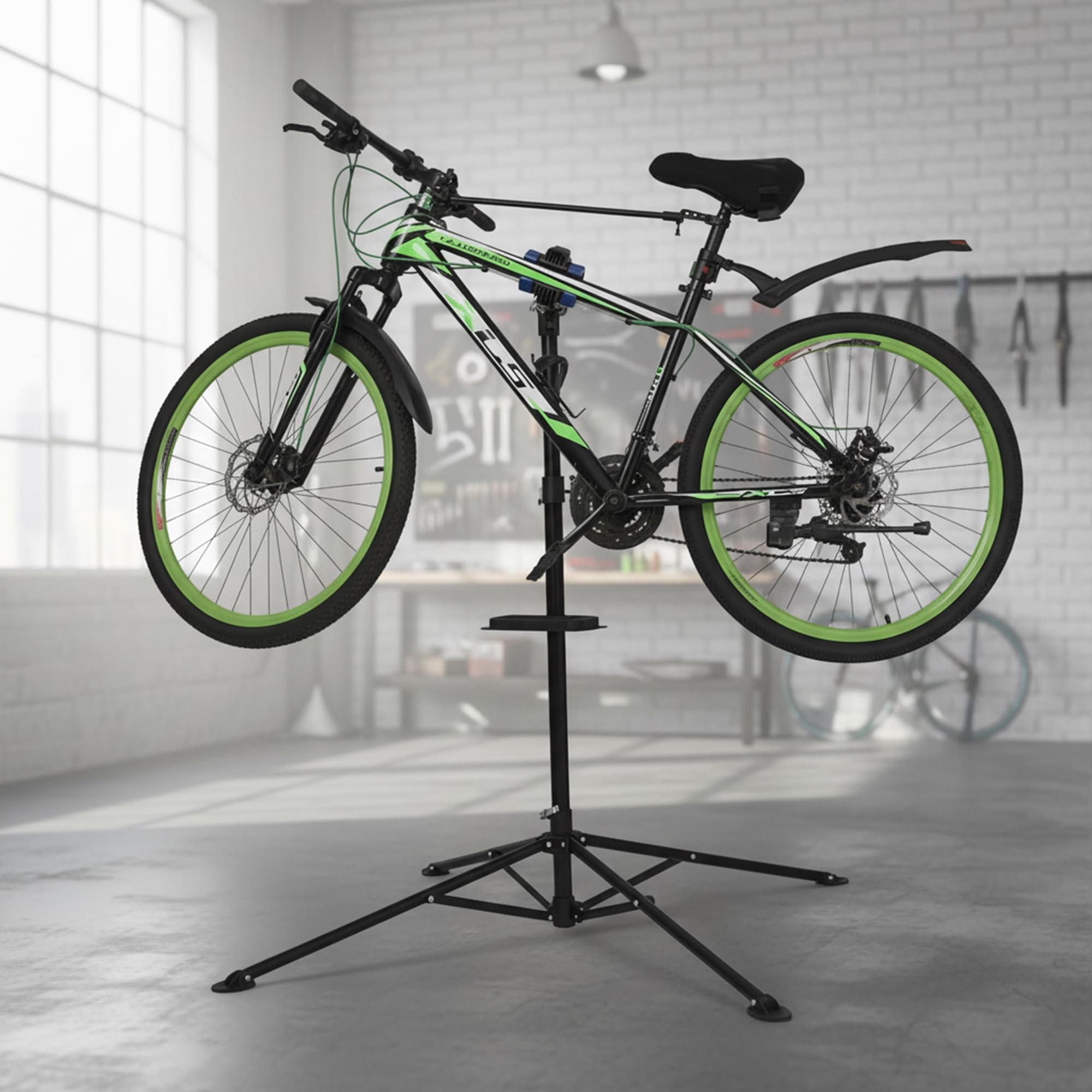 Mucola Fahrrad Montageständer 360° drehbar höhenverstellbar bis 200 cm – Reparaturständer aus Stahl mit Schnellspannklemme & Werkzeugablage – Zentrierständer für MTB E-Bike Rennrad Werkstatt