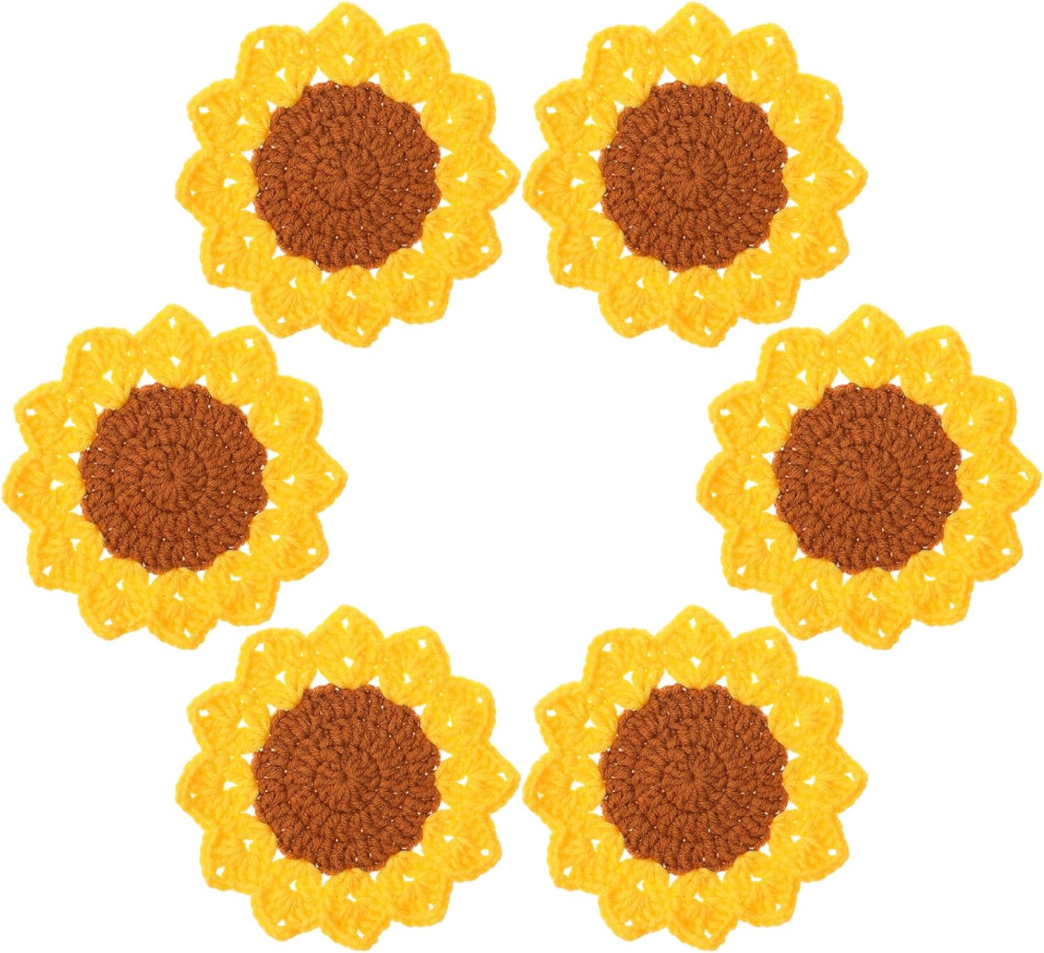 Yuanchu Handmade Crochet Sunflower Coasters Set of 6 - Cute Round Table Protectors for Coffee Table, Desk, Bar - Housewarming Gifts