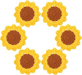 Yuanchu Handmade Crochet Sunflower Coasters Set of 6 - Cute Round Table Protectors for Coffee Table, Desk, Bar - Housewarming Gifts