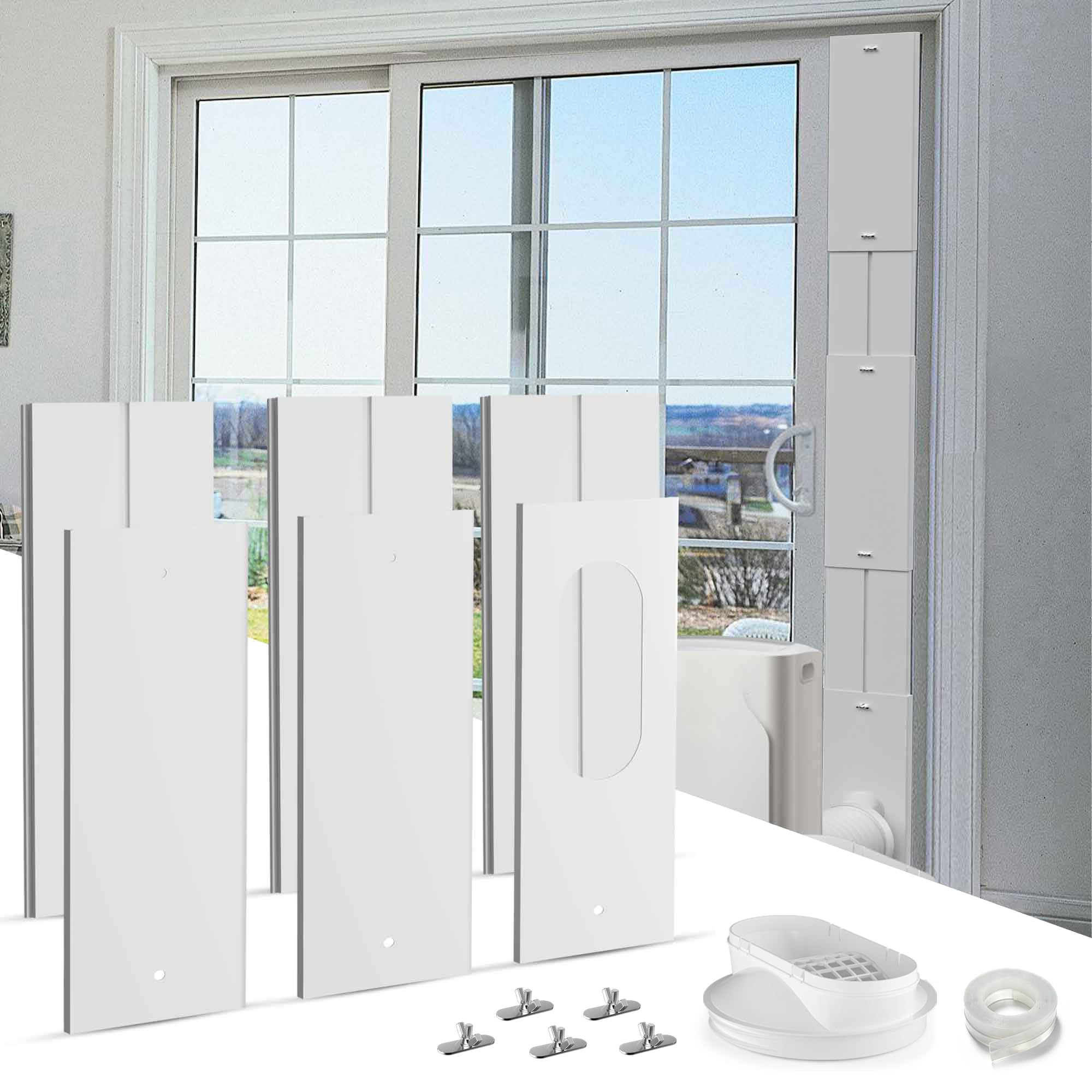 Photo 1 of Cestluck Universal Sliding Door AC Vent Kit: Coupler Filter Fits 5.1" & 5.9" Exhaust Hose, Portable air Conditioner Window kit with 6 Upgrade Plates, Adjustable 17 to 95 Inches