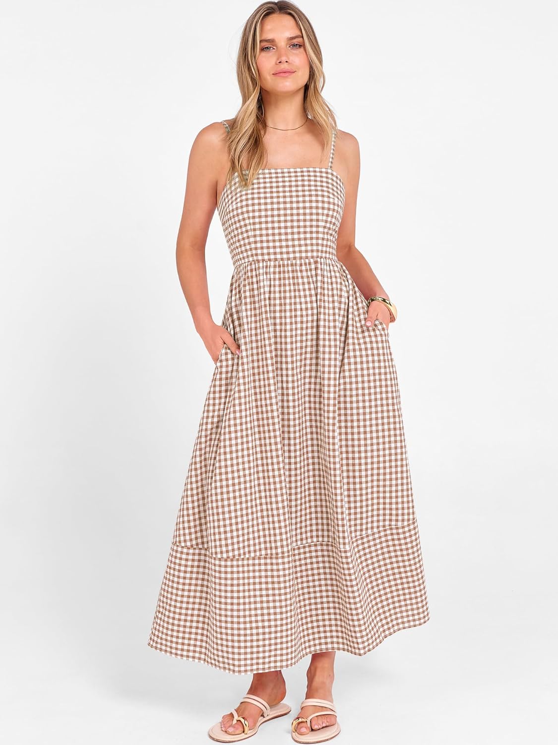 Caracilia Womens Maxi Dresses Gingham Spaghetti Strap Back Smocked Flowy Long Sundress Summer Beach Vacation Clothes 2026