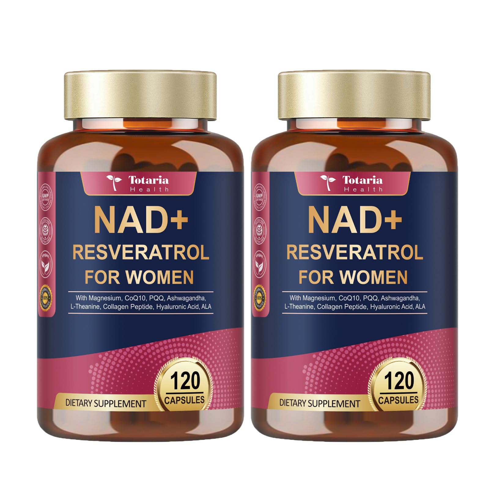 Totaria 2 Pack NAD+ Supplement for Women - NAD Trans-Resveratrol Supplement with Magnesium,CoQ10,PQQ, Ashwagandha,Collagen Peptide - NMN & NMNH Alternative - Cellular Renewal & Energy - 120 Capsules 120 Count (Pack of 2)
