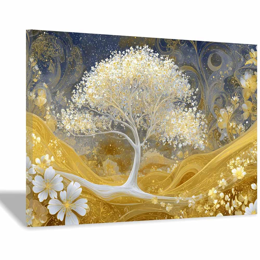 ZAMAEIU The tree of life Clustered-flower trees Canvas Paintings Abstract Tree,Wall Art Poster Modern Room Bedroom Home Decor Geometric Print Patterns(white)-70x100cm Framed