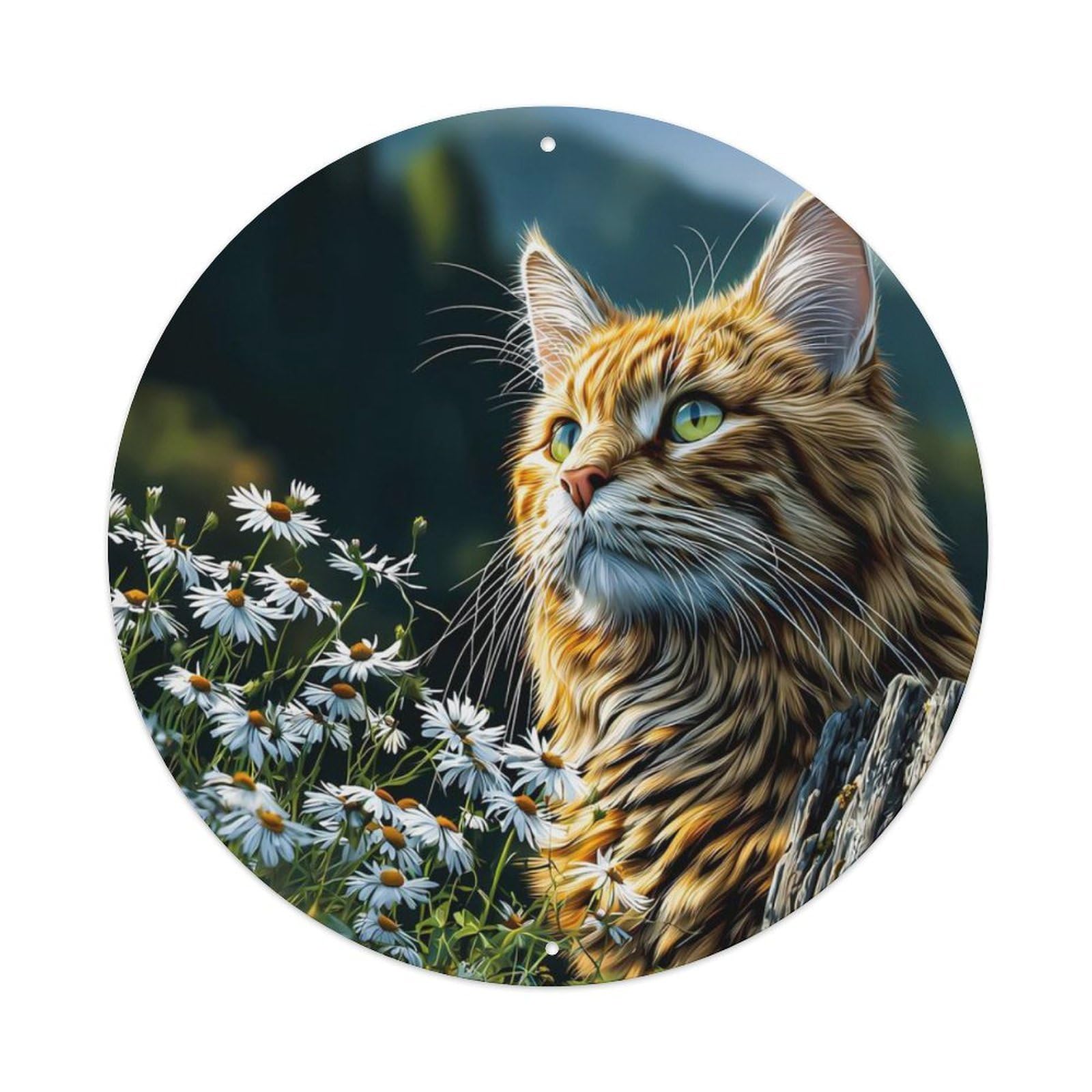 Animal Long Haired Tabby Cat Daisy Countryside Peaceful Nature Vintage Metal Tin Sign Plaque Wall Decor for Cafe, Club Bar, Office, Garden Metal Poster 8x8Inch