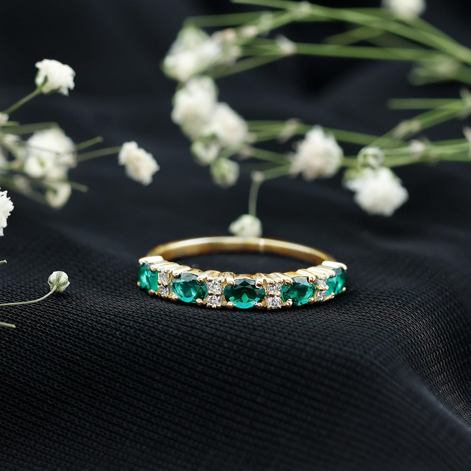 Certified Lab Grown Emerald Half Eternity Ring, AAAA Quality, Emerald Diamond Anniversary Ring - Gift For Women
