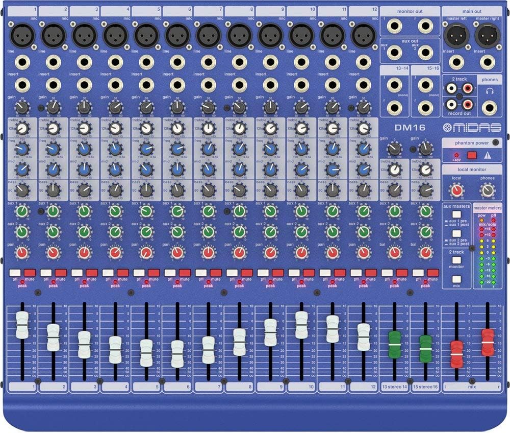 Top-down view of Midas DM16 Mixer controls and connections