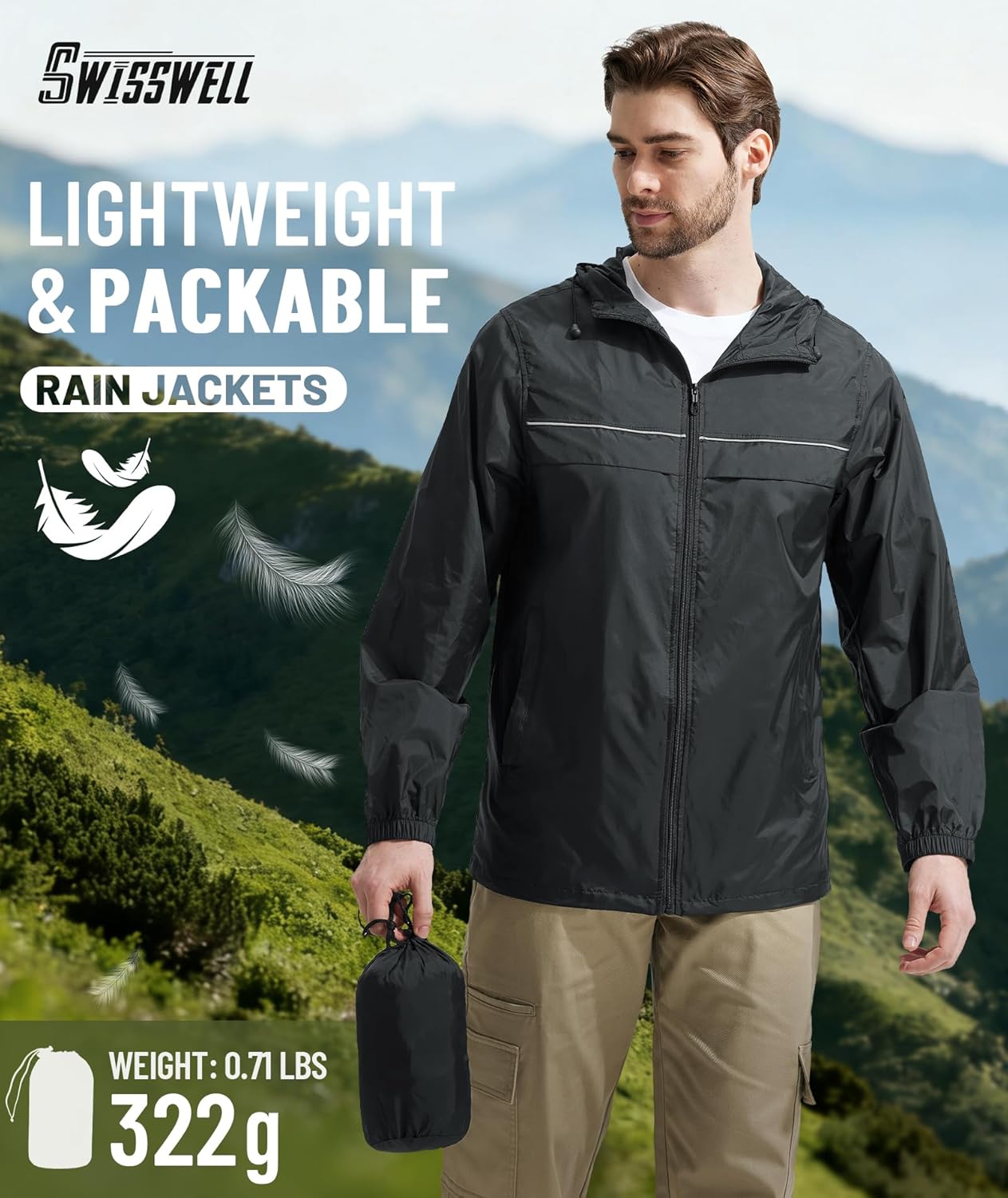 SWISSWELL Mens Rain Jacket & Coats Packable Lightweight Waterproof Windbreaker Hooded for Golf Cycling Hiking - Image 6
