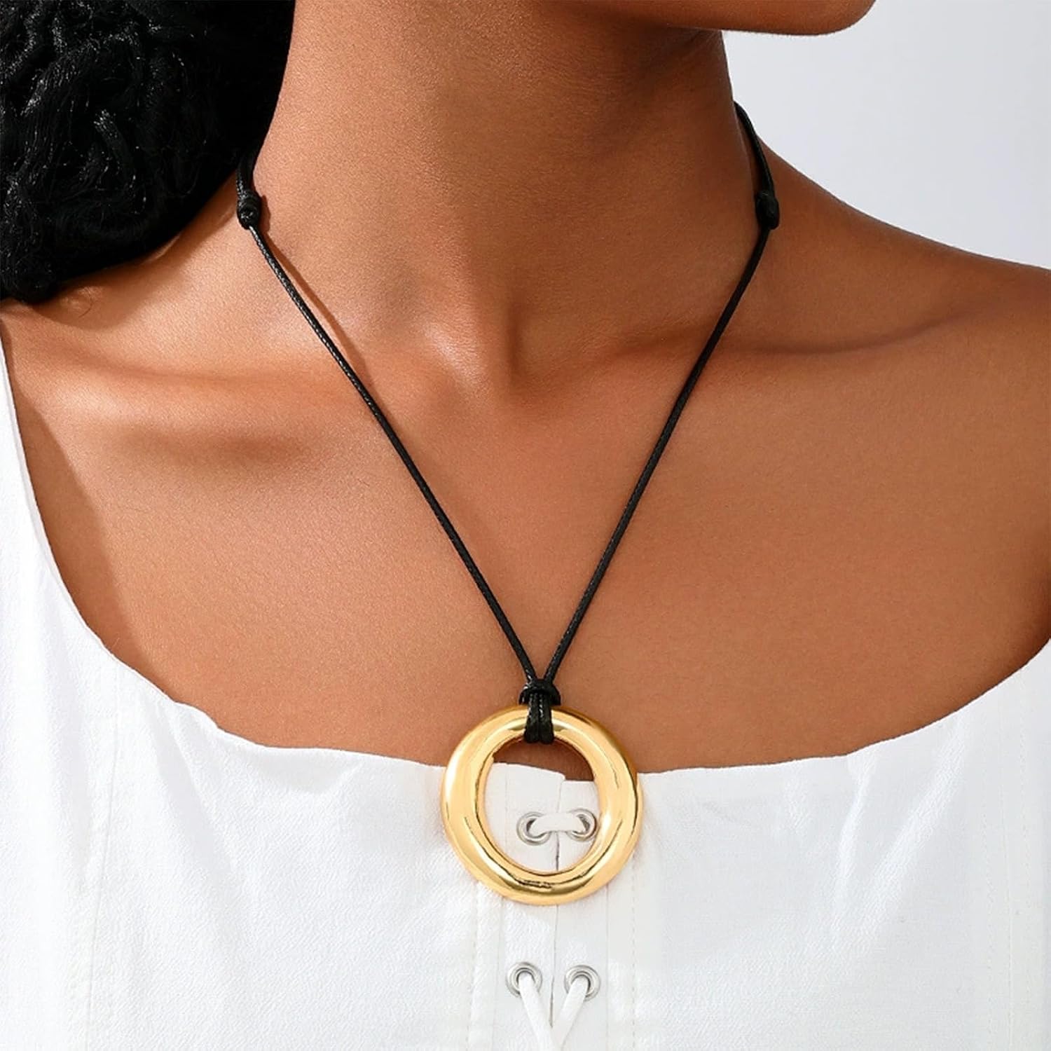 Gold Pendant Necklace for Women Adjustable Black Cord Organic Oval Charm Boho Statement Jewelry Gifts image 2