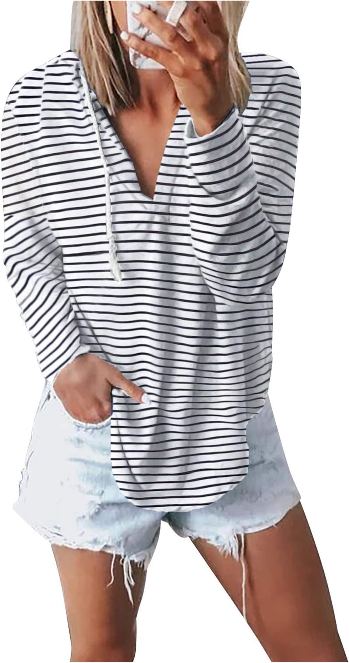 KIRUNDO Women's Hoodies 2023 Fall V Neck Long Sleeve Solid Color Sweatshirts Drawstring Casual Loose Pullover Tops