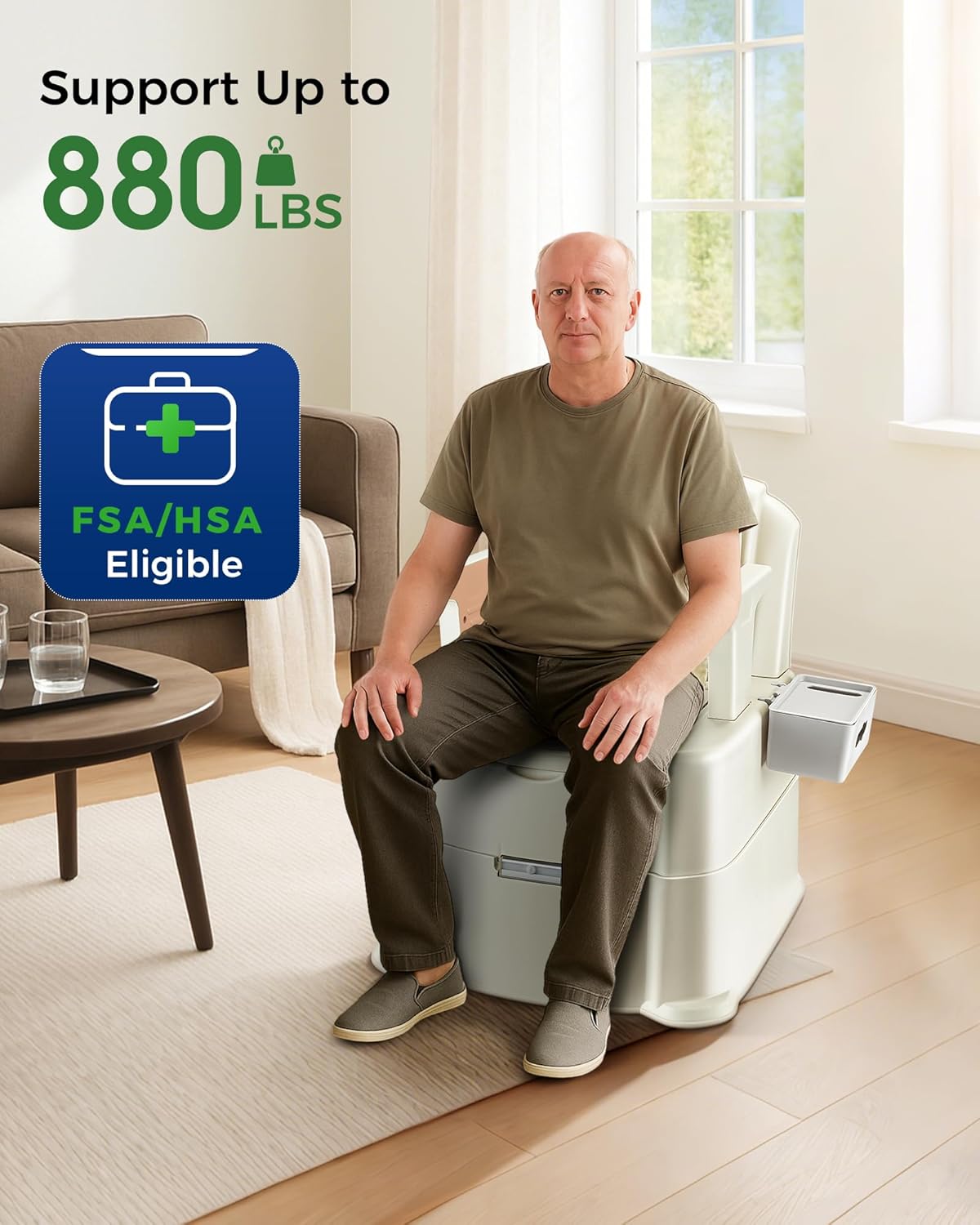 Bedside Commode, Upgraded Commode Toilet Potty Chair with 3 Rolls of Commode Liners, Automatic LED Light, Detachable Armrests, 2-Level Height, Heavy Duty 880lbs Loading