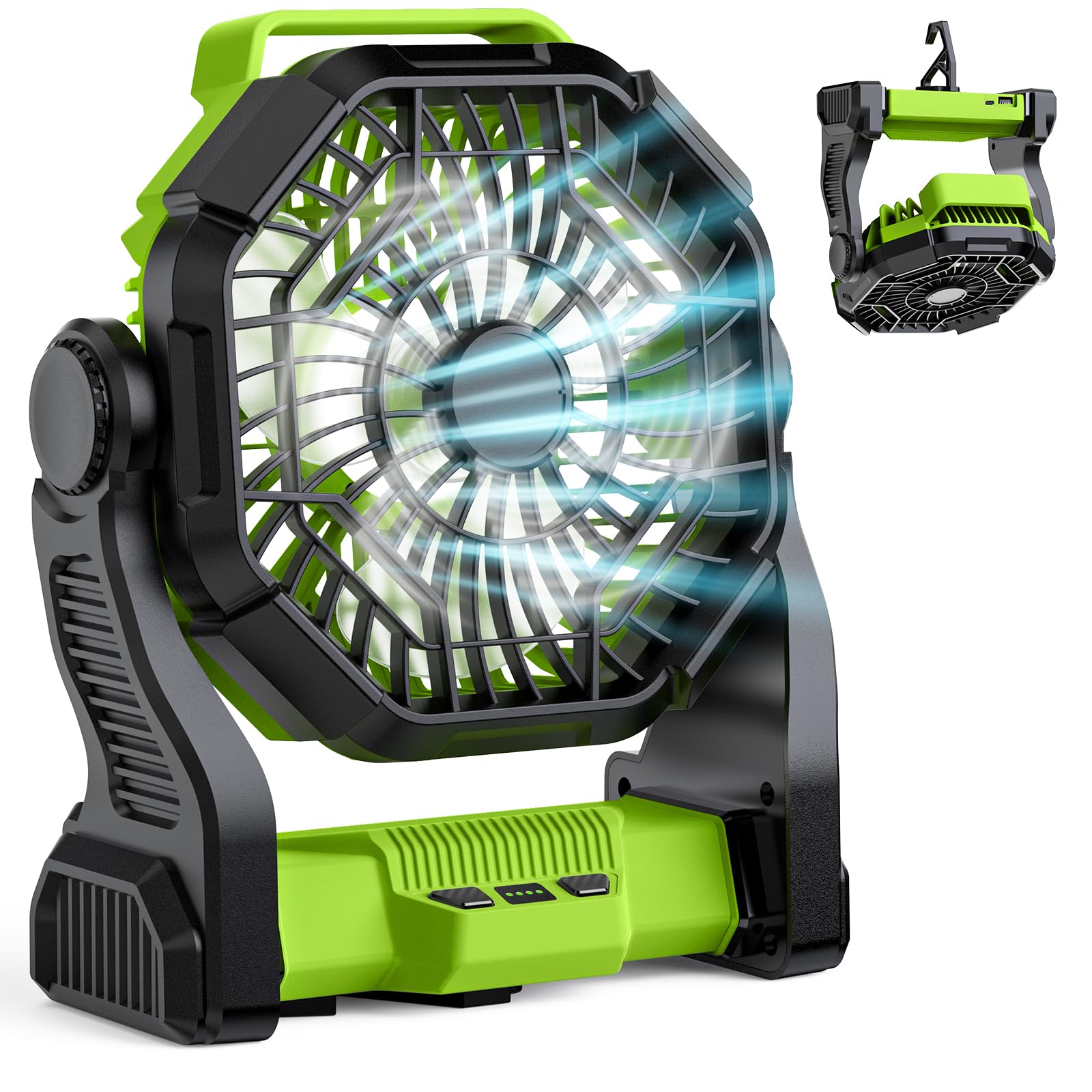 MATULSA Battery Powered Fan Rechargeable, Real 10000mAh Portable Camping Fans for Tents, 10-Inch Cordless Battery Fans with LED Lights, Quiet Outdoor Fan for Travel, Hurricane, Power Outage, Green