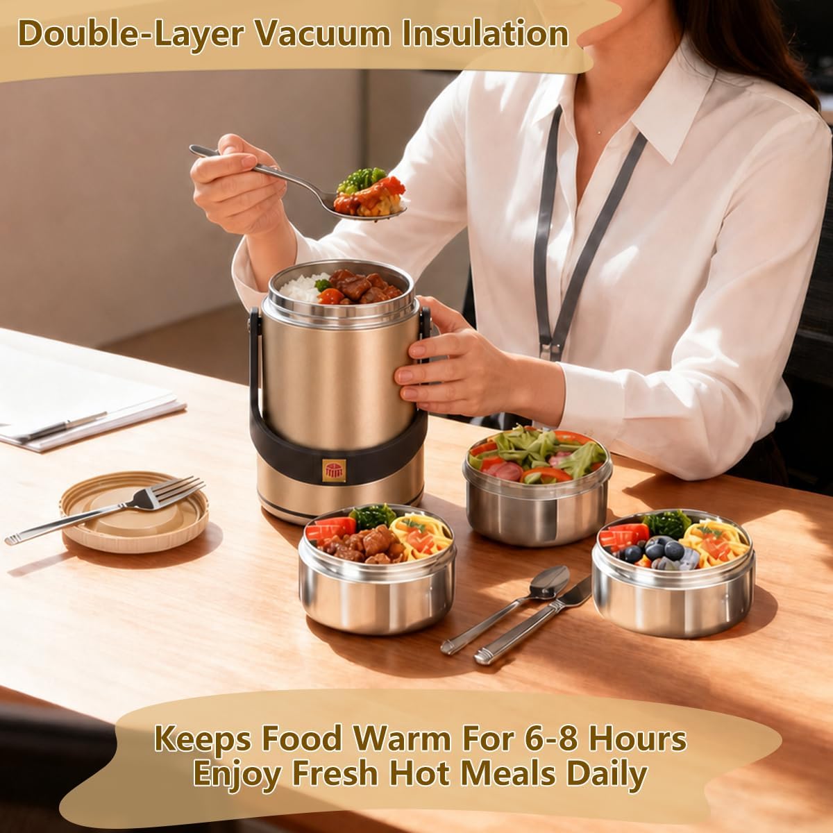 67oz Vacuum Insulated Food Container Set with 3 Stackable Compartments image 5