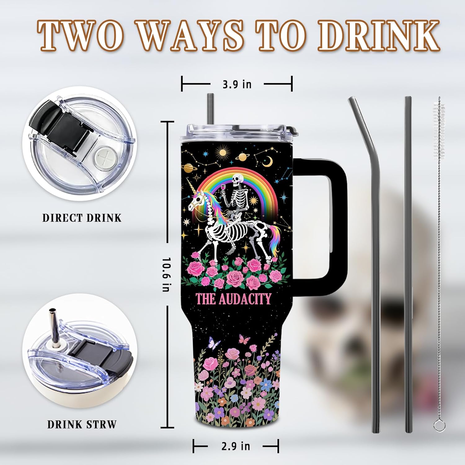 DUUV 40 Oz Funny Skull Tumbler, Funny Witchy Gifts for Women Tarot Lovers, Ghost Design Mug, the Audacity Skull Tumbler for Valentine‘s Day, Gifts for Daughter Girlfriend, Skeleton Cup Black, 1PCS - Image 3