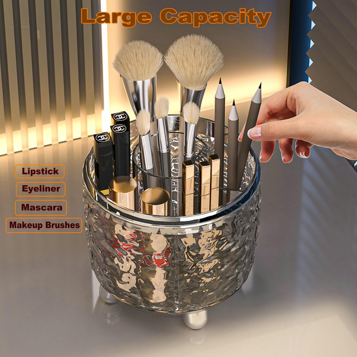 CHIRISEN 360 Rotating Makeup Brush Holder with Lid Dustproof Spinning Brush Storage for Bathroom Countertop, Cosmetic Tools Organizer with Cover for Vanity (Gray)
