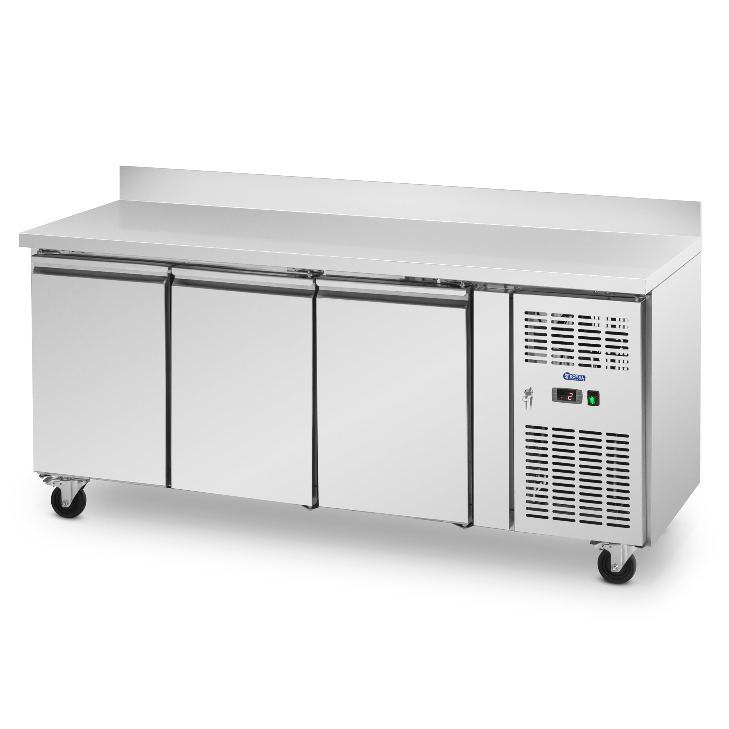 Royal Catering Mesa Refrigerada de 410 L y 179,5 x 70 cm con Ruedas 3 Compartimentos y Antisalpique Clase B en Acero Inoxidable Bajomostrador con refrigeración Mostrador refrigerado para hostelería