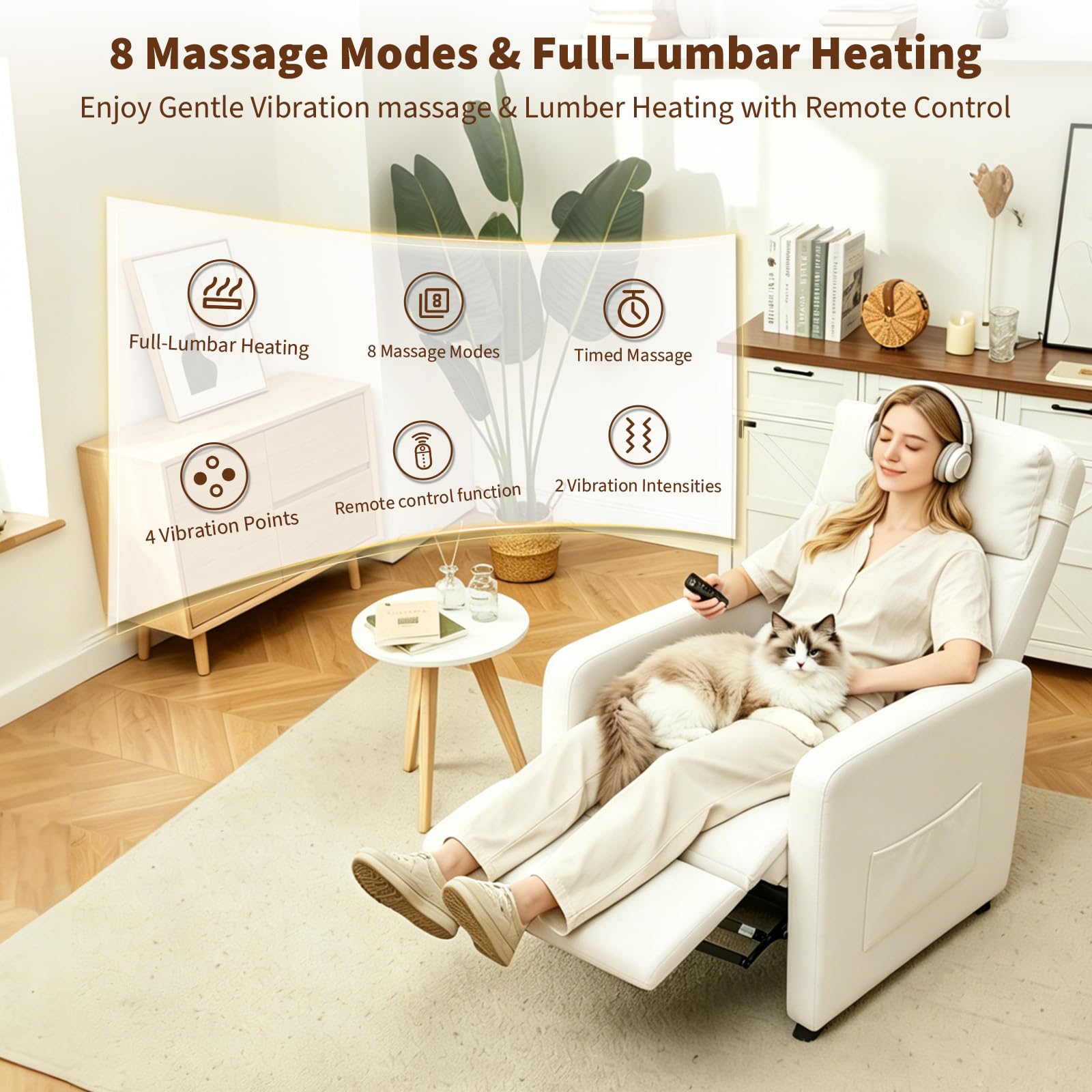 Sillón Reclinable Eléctrico, Sillon Masaje Relax con 6 Puntos, Sillon Relax Ajustables 90°-165°, con Calor Lumbar y Masaje Vibración, Motor Silencioso, Reposapiés, Bolsillos, Puerto USB, Bianco