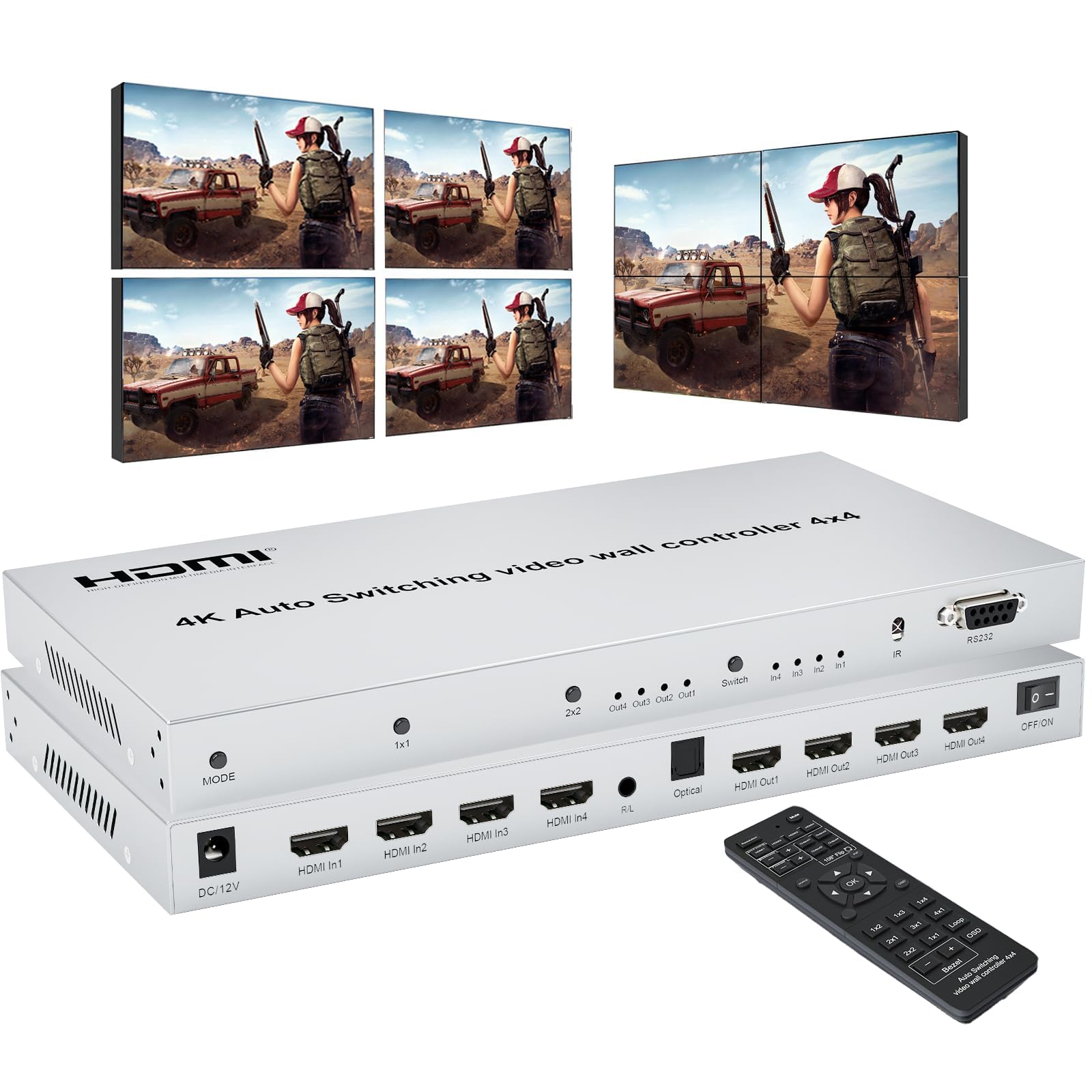 4x4 HDMI Matrix Switch with 4 Input/Output Ports, 3.5mm Audio Out, EDID Support, IR Remote, Button Press, RS232, 4K@30Hz, 1080P 3D, HDCP, YUV 4:4:4