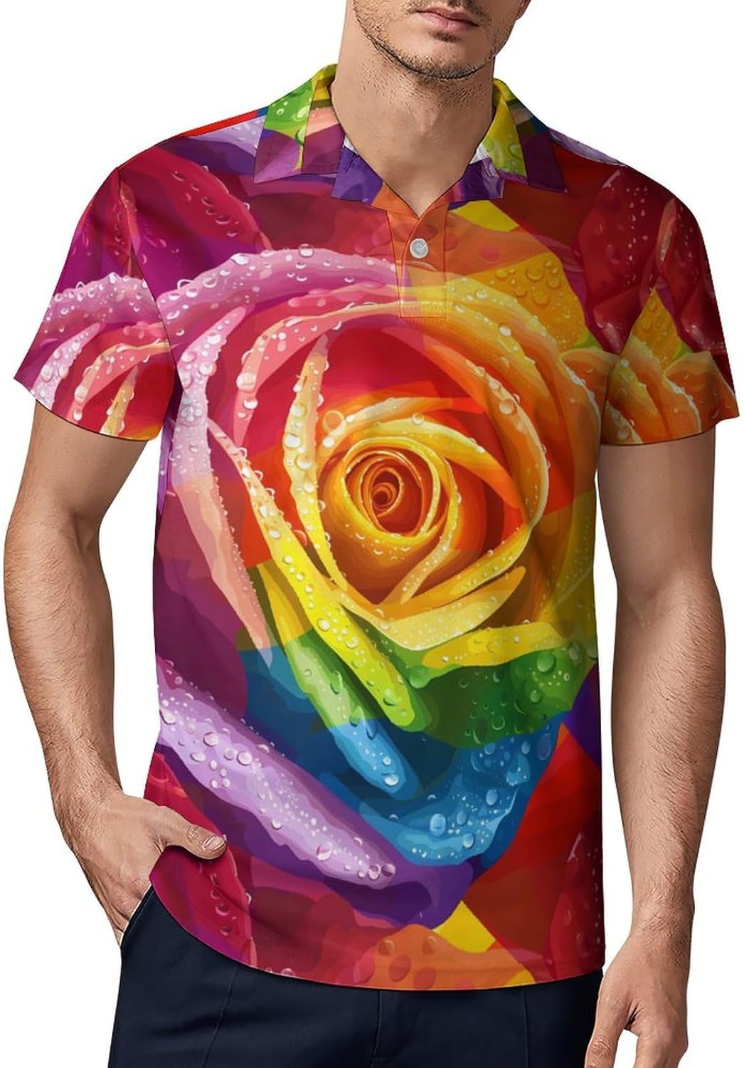 LGBT Gay Pride Rainbow Flag Rose Flower Novelty Men's Short Sleeve Shirt Golf Tennis Shirts Work T-Shirt Sport Tee