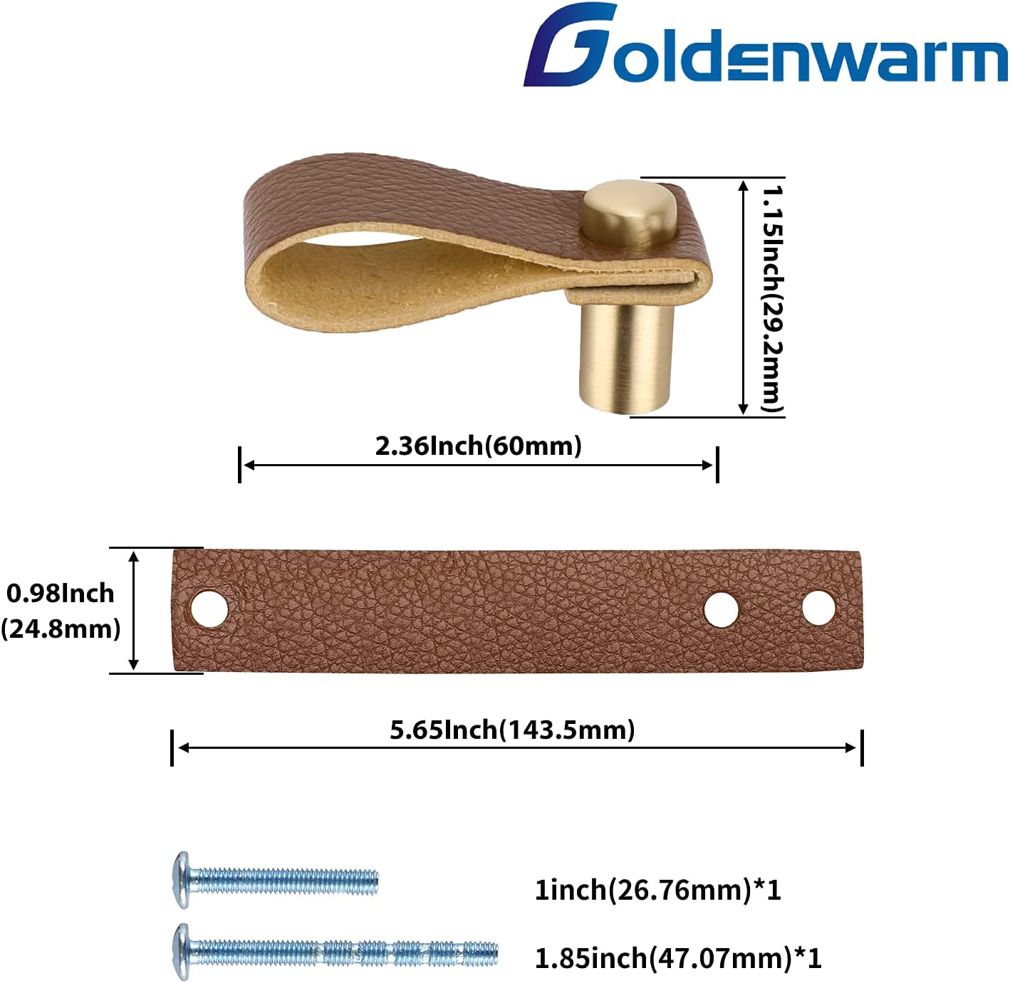 goldenwarm 6 Pack Leather Cabinet Pulls Handmade Leather Handles for Drawer - LS9215GD Brushed Brass Cabinet Handles Modern Style Leather Dresser Hardware Small Gold Knob
