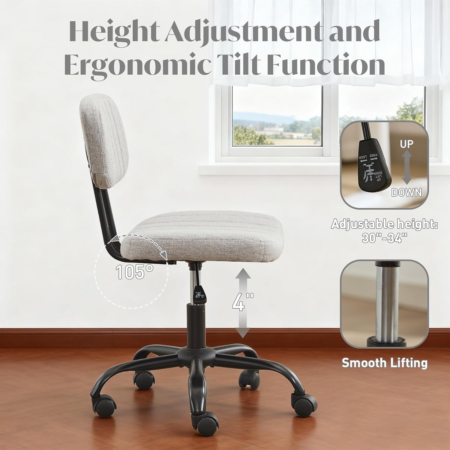 BINGTOO Gray Armless Office Chair with Wheels, Linen Fabric Small Computer Desk Chair, Adjustable Height Swivel Task Chair with Higher Back for Home Office, Bedroom, Vanity