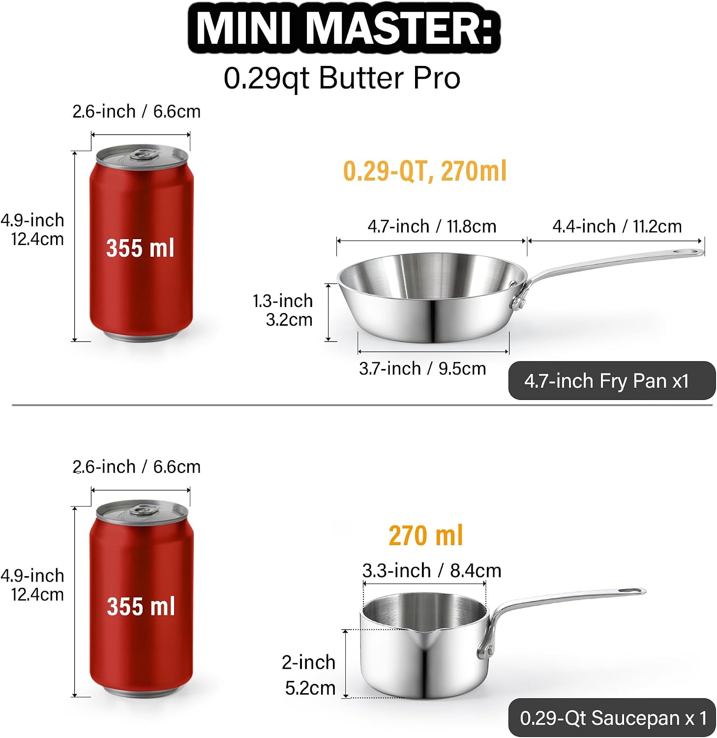Cooks Standard Stainless Steel Butter Warmers Pot Set, Multi-Ply Clad Stainless Steel 0.29 QT Small Sauce Pot and 4.7 inch Fry Pan, Mini Butter Chocolate Milk Melting Pot, 2 Piece