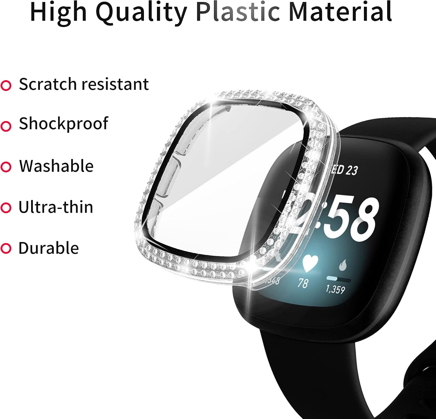 [5-Pack] RICHONE Compatible with Fitbit Sense and Versa 3 Watch Case, Bling Diamonds Cover with 3D Tempered Glass Screen Protector Bumper (Clear+Black+Silver+Purple+Navy Blue)
