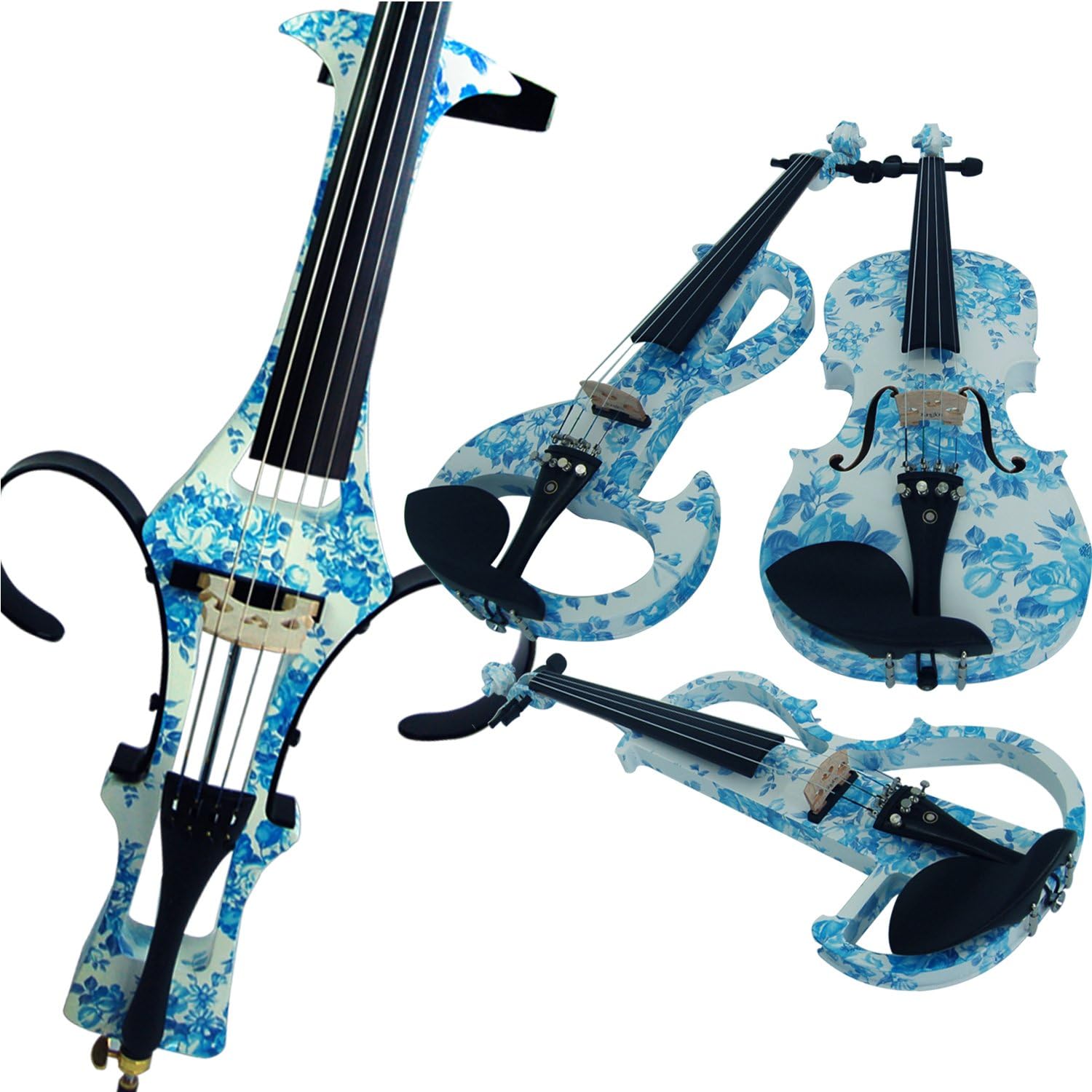 4/4 Full Size Solid Wood Electric Cello Violoncello Maple Wood body Ebony Fittings with Bag, Bow, Rosin, Aux Cable, Earphone, Extra set of strings(White&Blue Flowers)(ALDSDT-1201)