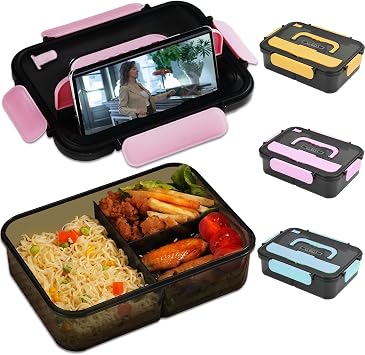 Bento Box Adult Lunch Box, Lunchable Containers with 3 Compartments, Meal Prep Food Container for Women, Lunch Box with Utensils, Snack/Salad/Sandwich Box, Microwave/Dishwasher Safe/BPA FreePink