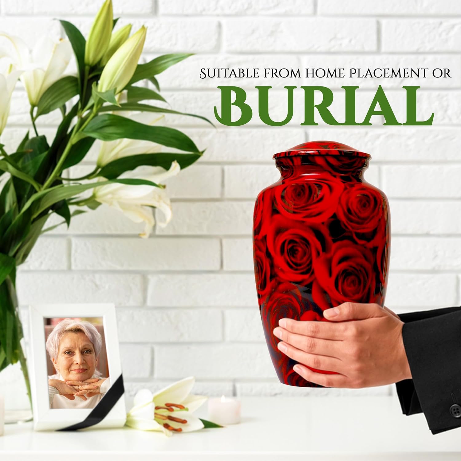 Bhartiyaa Handicraft Red Rose Cremation Urn for Human Ashes – Memorial Urn for Adult Male & Female, Holds Up to 200 lbs, for Home or Burial (Design 9)