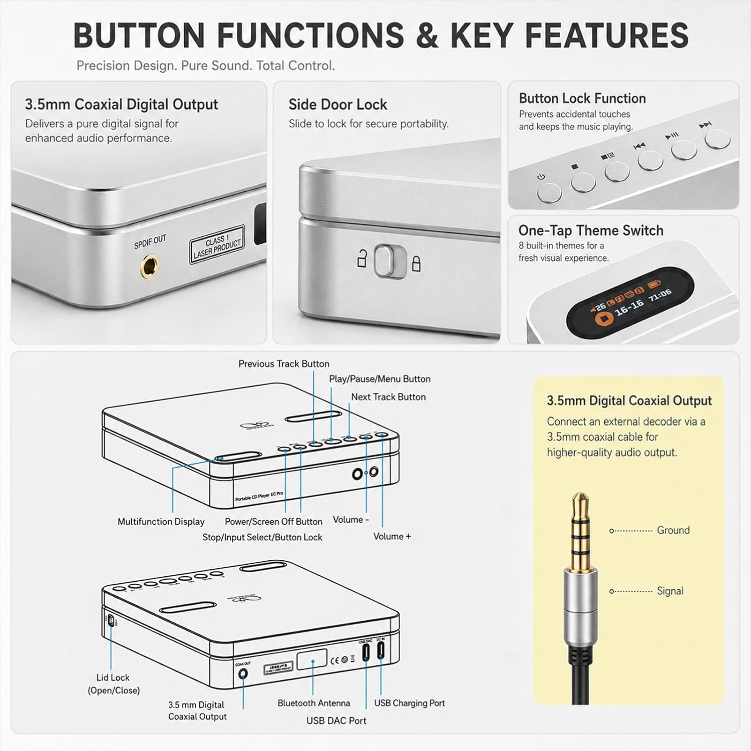SHANLING EC Play Portable HiFi CD Player,USB DAC,CS43198 DAC+Dual SGM8262,384kHz/32bit,DSD256,Two-Way Bluetooth 6.0, LDAC,Up to 700mW@32Ω Output,3.5mm+4.4mm Headphone Output,Coaxial,1.12-in Screen