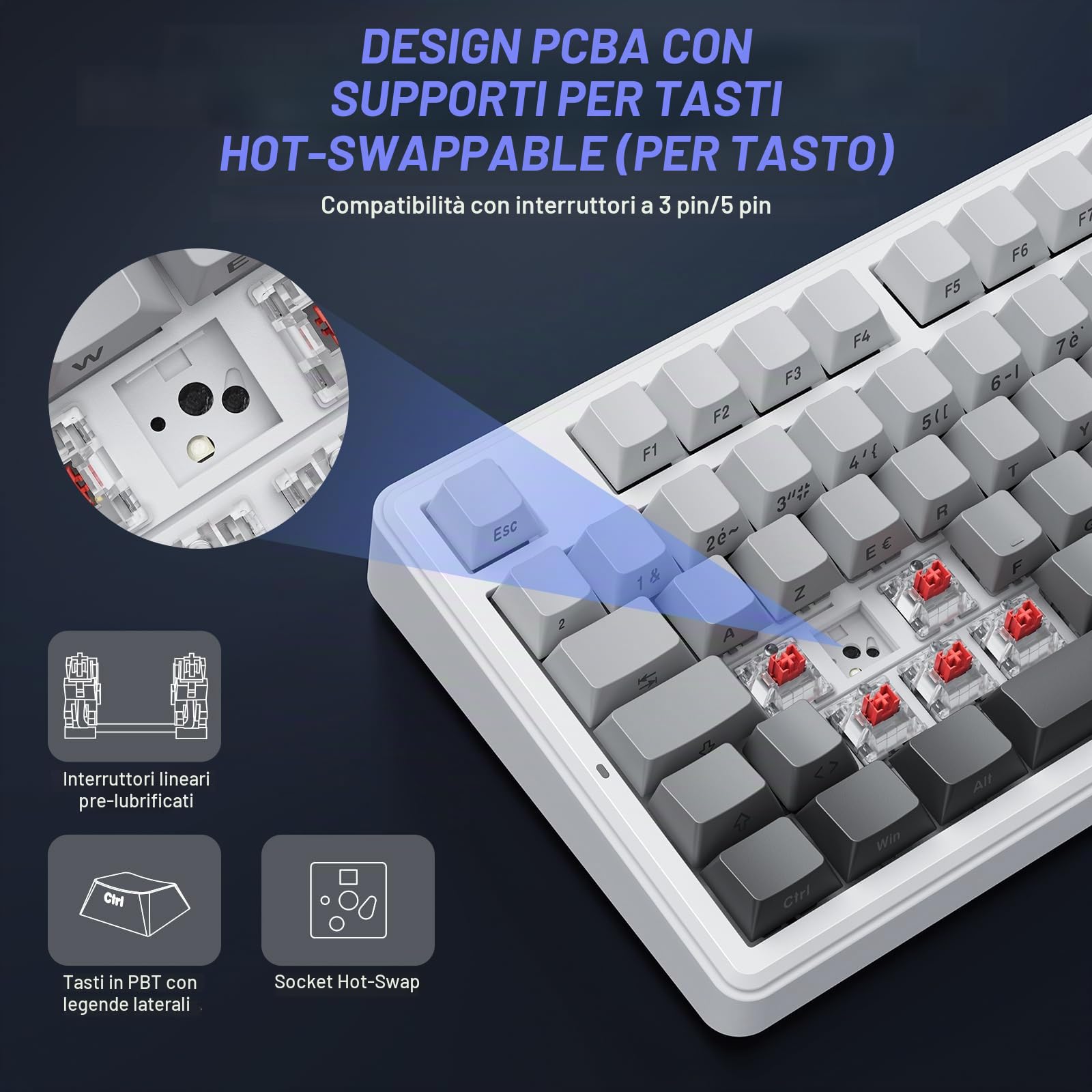 TECURS Tastiera meccanica da gioco - 75% ISO-FR wireless hot swap, montaggio a gasset, RGB, MK209 Tastiera da gioco AZERTY con pulsante, tastiera tri-modale TKL, tasti PBT, Creamy Sound, Red Switch