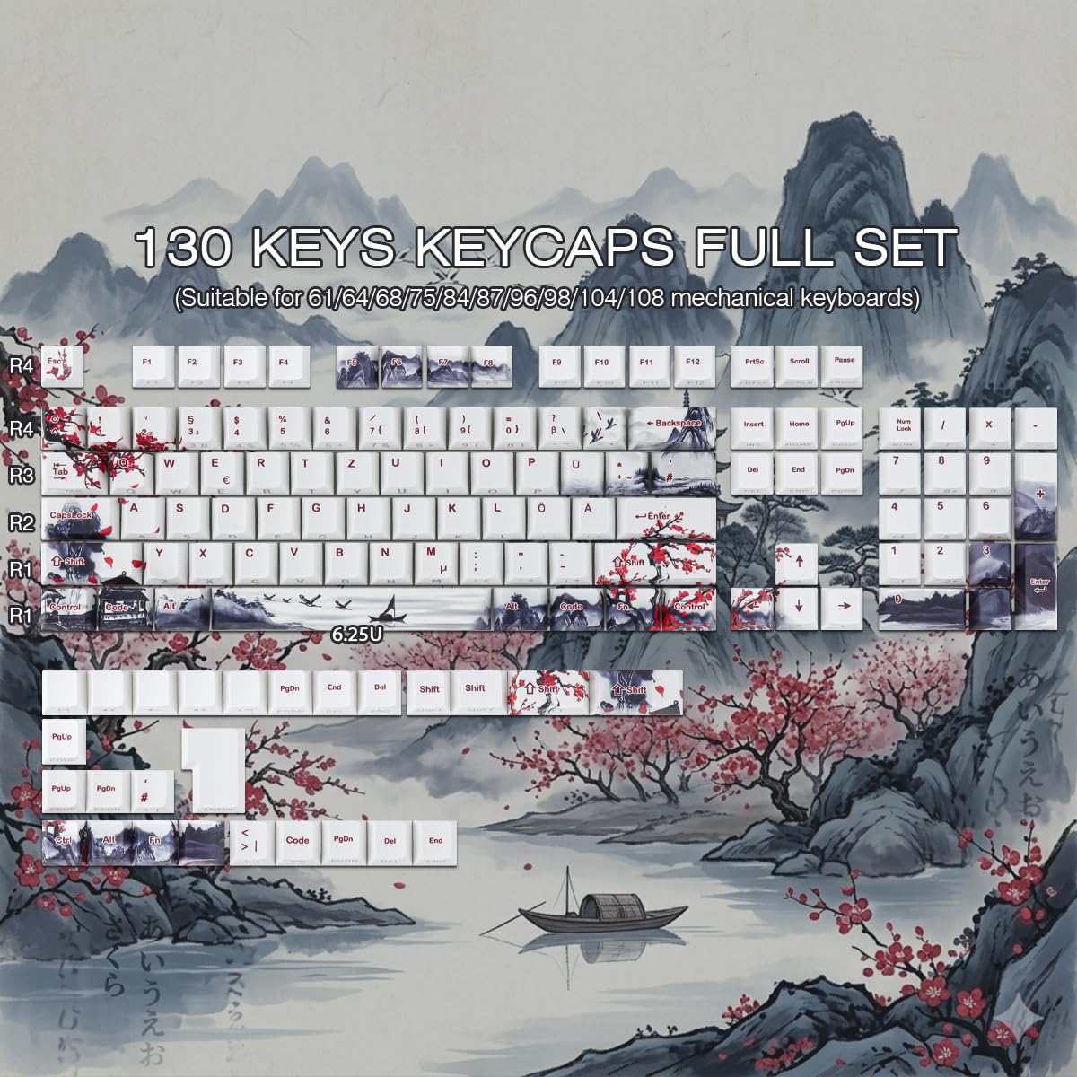 PBT German Keycaps, 133 Keys Double Shot Landscape Plum Blossom Keycaps Dye-Sub Cherry Profile Side Printed Shine Through Keycap for Cherry MX Switch ISO QWERTZ Layout Mechanical Keyboards