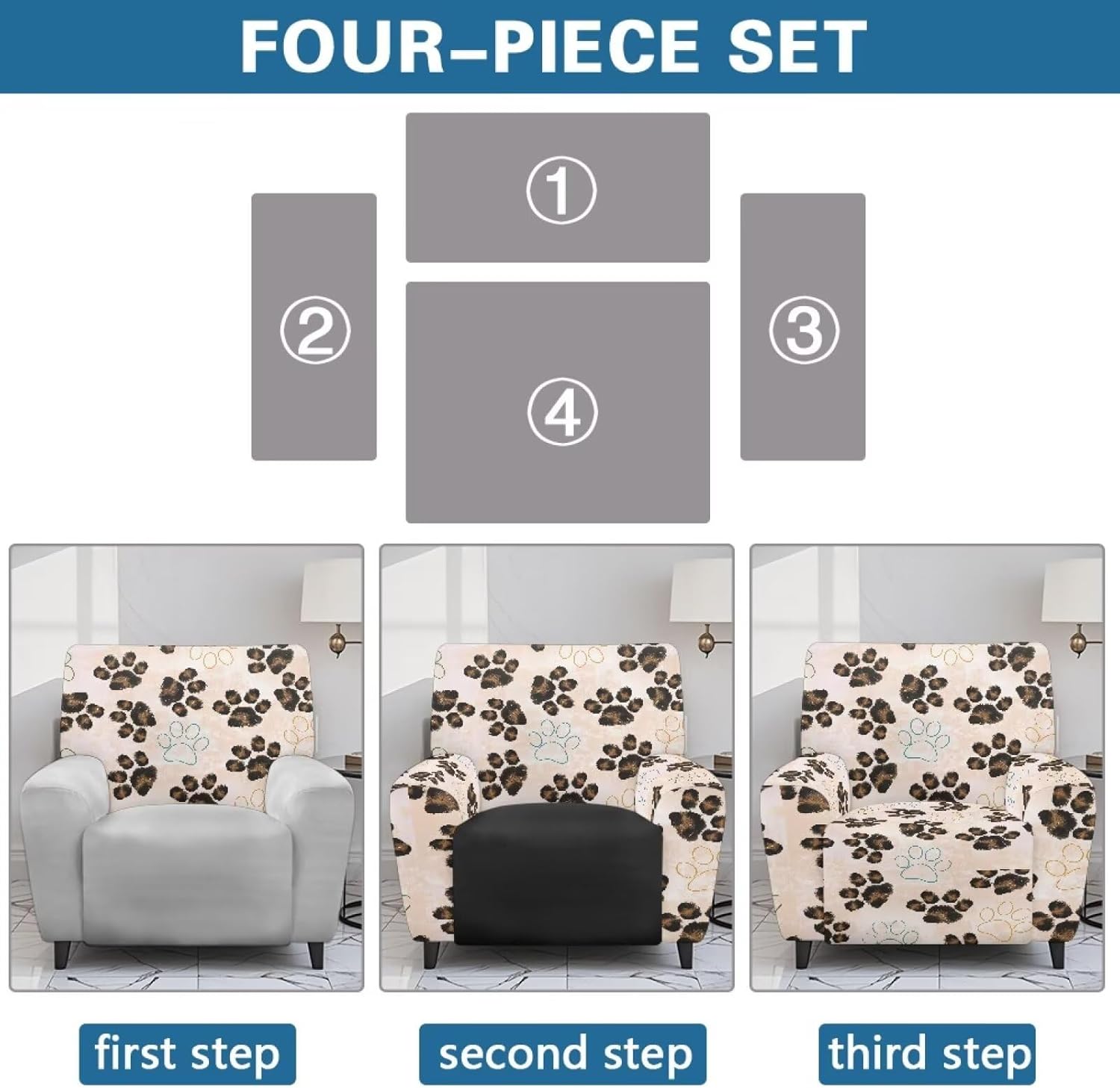 FOR U DESIGNS Paw Scratch Proof Recliner Slipcovers 4-Pc Set Non Slip Stretch Fabric with Elastic Edges Universal Fit for Single Seat Reclining Sofa Recliners