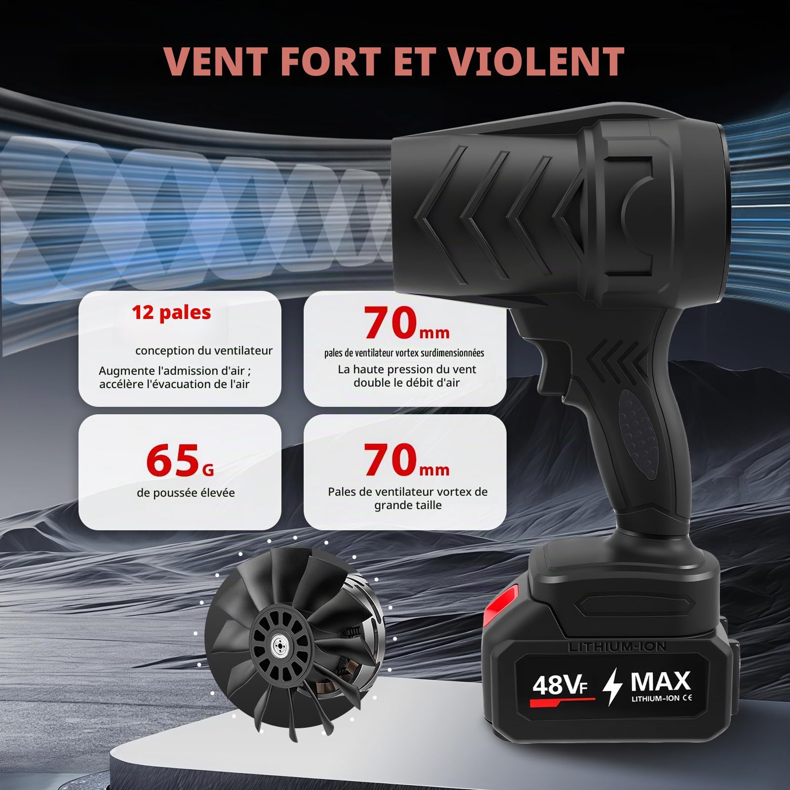 Souffleur De Feuilles sans Fil avec Batterie, 39000tr/Min Souffleur Feuille avec Batterie 1500mah & Chargeur, Souffleurs De Feuilles pour Sécheur De Voiture, Jardin, Poussière, Neige, Nettoyage des