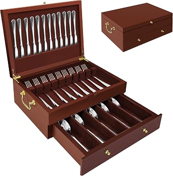 Silverware Storage Box Solid Wood with Lid, Silverware Organizer with Handle and Felt Lined, Silverware Storage Chest for Flatware and Utensils Home Decor Gift, Chest for Flatware (Walnut, 2 Layer)