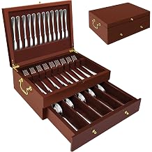 Silverware Storage Box Solid Wood with Lid, Silverware Organizer with Handle and Felt Lined, Silverware Storage Chest for Flatware and Utensils Home Decor Gift, Chest for Flatware Walnut, 2 Layer
