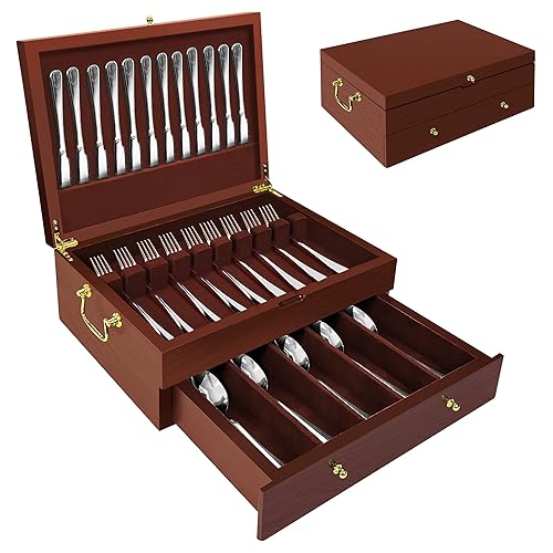 Silverware Storage Box Solid Wood with Lid, Silverware Organizer with