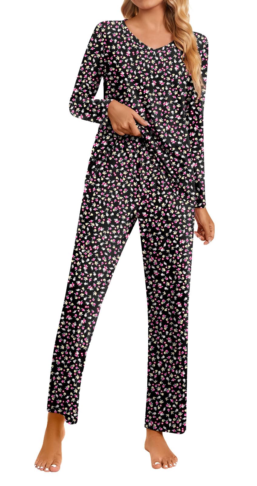 syoss Conjunto de pijama de otoño de 2 piezas para mujer, ropa de dormir de manga larga con bolsillos, Floral Black, XL