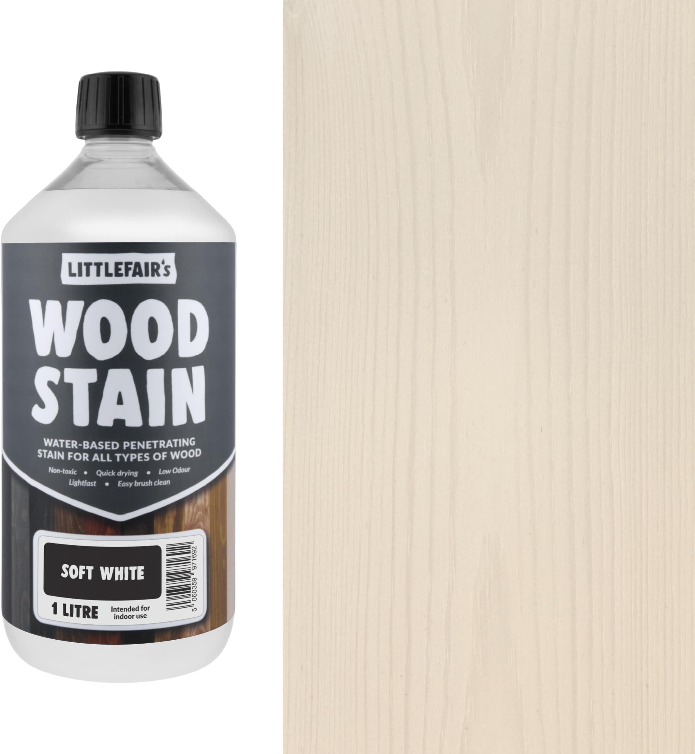 Littlefair's Wood Stain Water Based - 34oz/1ltr - Indoor Furniture Stain Light & Dark Finishes - Special Non Toxic & Eco Friendly Formula - Wood Stain for Crafts - Color: Sensual Soft White
